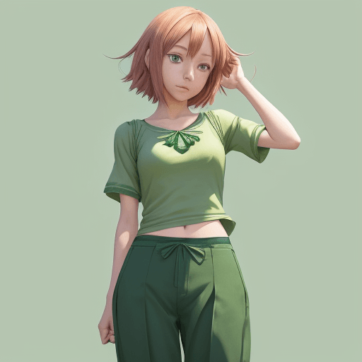 AI generated: anime girl in green shirt and zora pants explaining the image, by kanoka cos, anime visual of cute g...