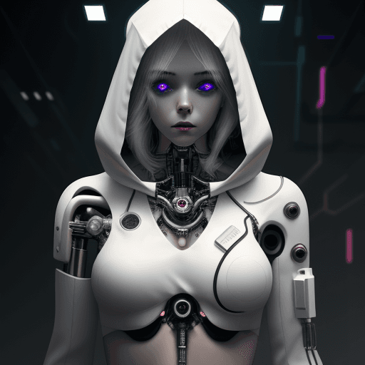 AI generated: the beautiful body of a girl being simulated in white hood, in the style of cyberpunk imagery, mecha...