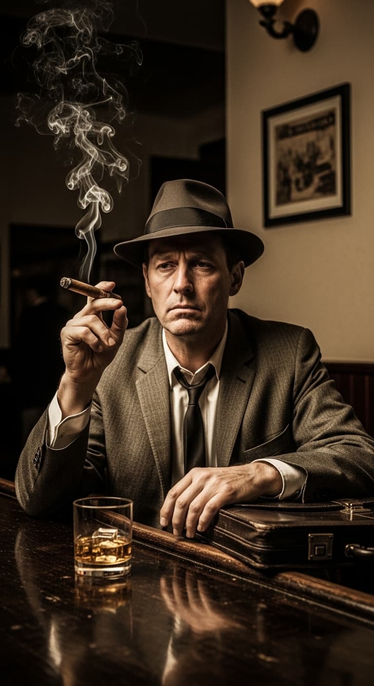 AI generated: a lawyer back in 1960s smoking a cigar and drinking whiskey after work at a dimly lit bar, solo... s...