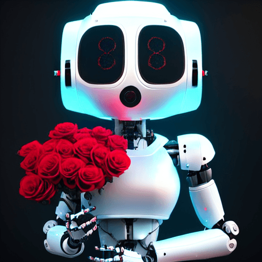 AI generated: beautiful robot dog holding bright roses in hand close-up, cyberpunk, intricate artwork . octane ren...