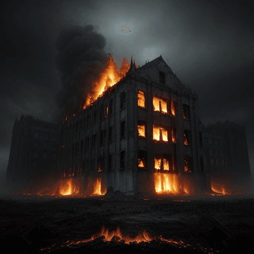 AI generated: dark ambient, realistic, fantasy, chaos, --burning building 4k realistic free art with strokesar 3:4...