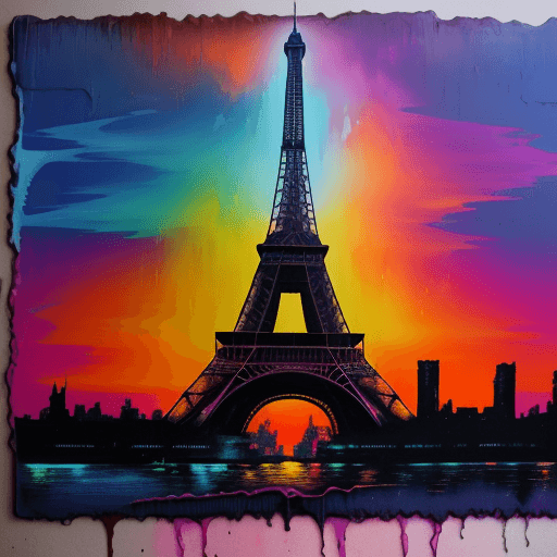 AI generated: The Eiffel Tower at the waterfront at sunset, post apocalyptic wonderland graffiti art splash art, s...