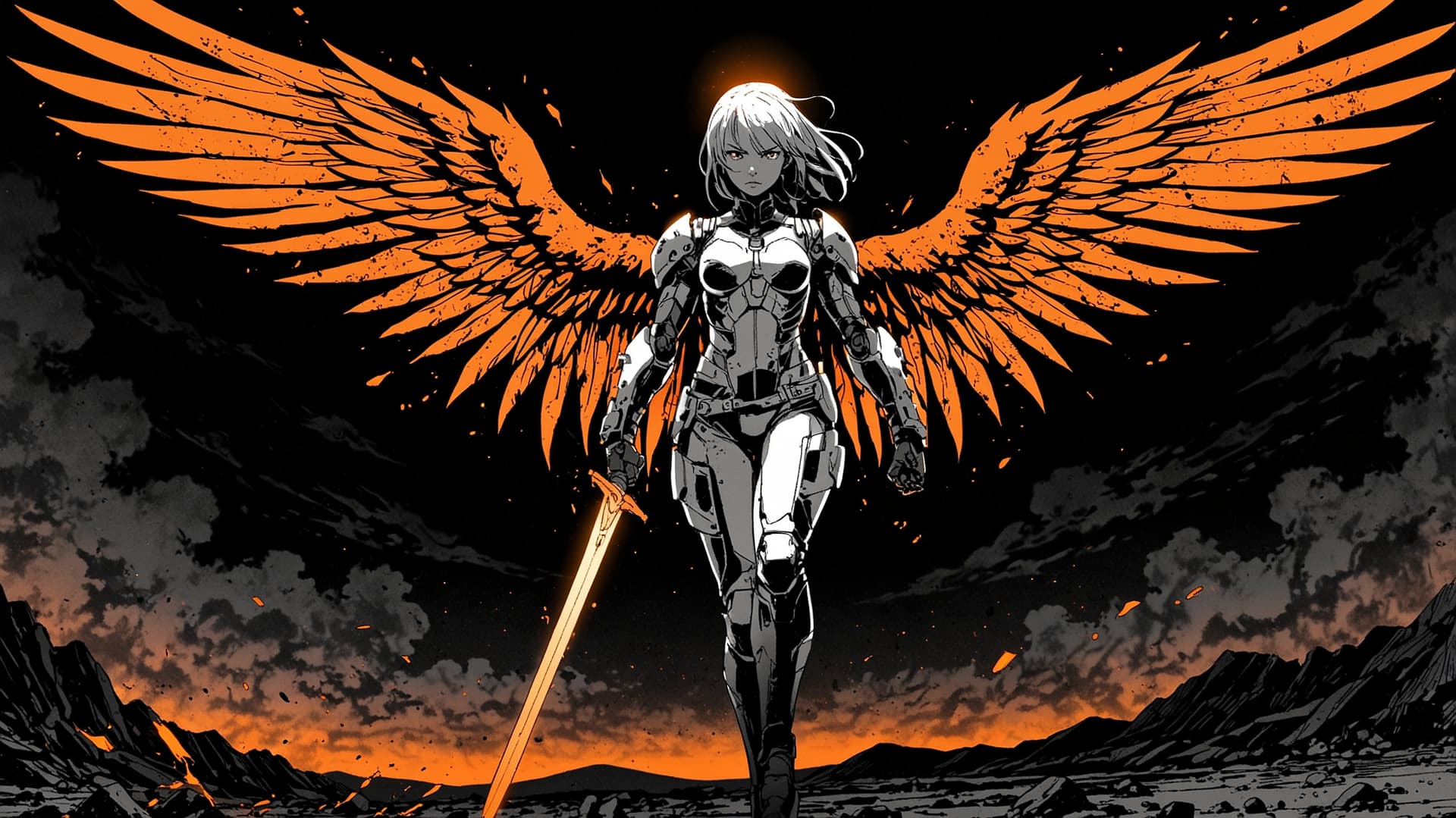 AI generated: High-fantasy digital artwork featuring a powerful, armored female warrior with glowing, fiery wings....