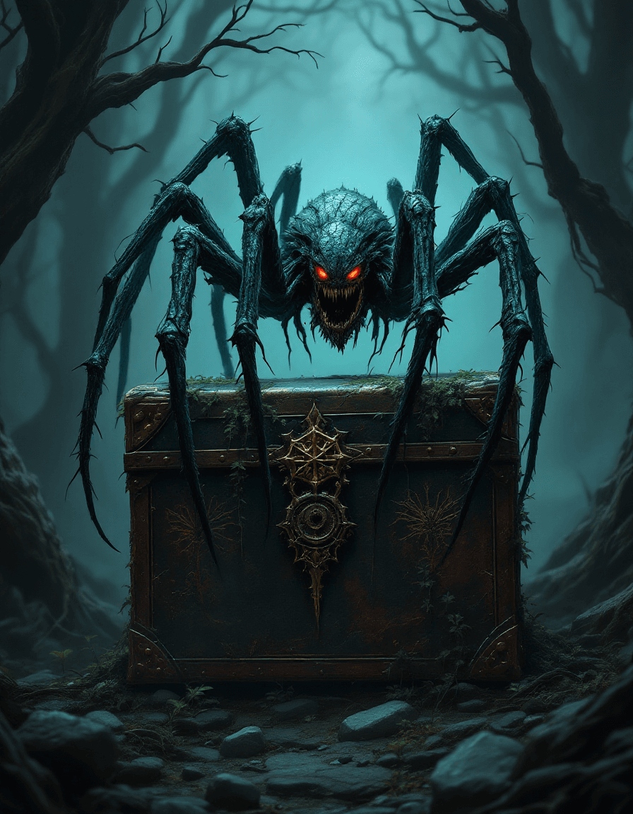 AI generated: A monstrous spider-like creature with matted, organic textures and glowing red eyes perches menacing...