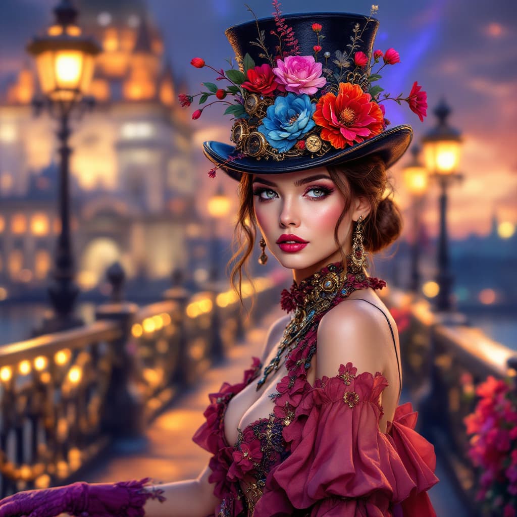 AI generated: Illustration of a steampunk fashion show, featuring a glamorous girl model in a bohemian ensemble wi...