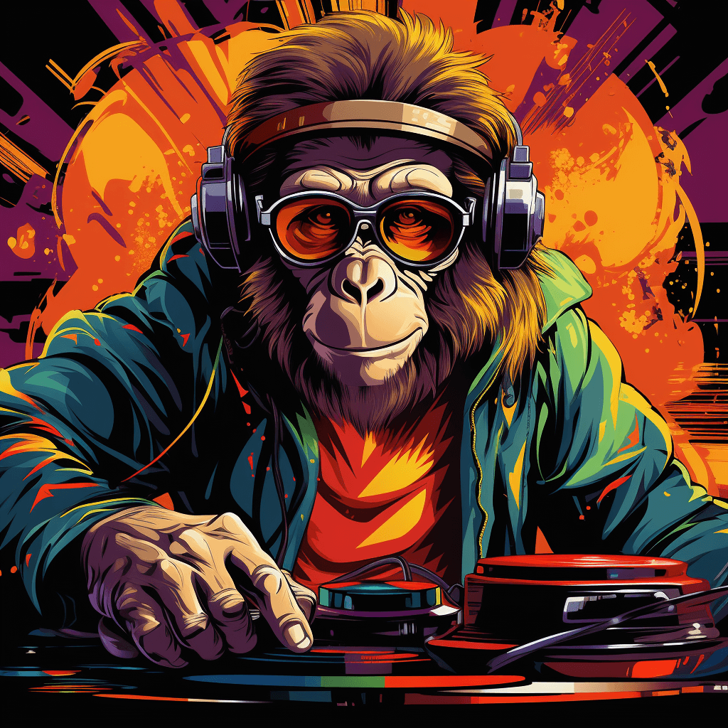 AI generated: A monkey playing plates as a dj, funky psychedelic illustration, funky hair, colorful, funky rays, a...