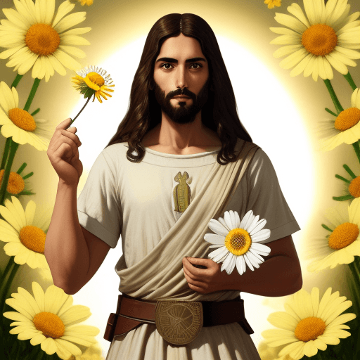 AI generated: Jesus holding a chamomile Daisy with Egyptian descent 