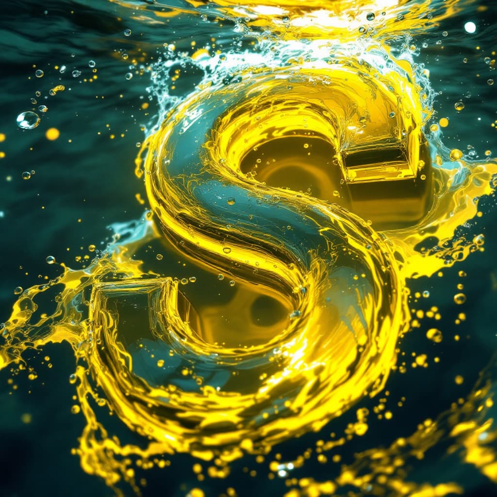 AI generated: 3D render of the letter [S], periwinkle and canary yellow color blend, under the water, swirling wat...