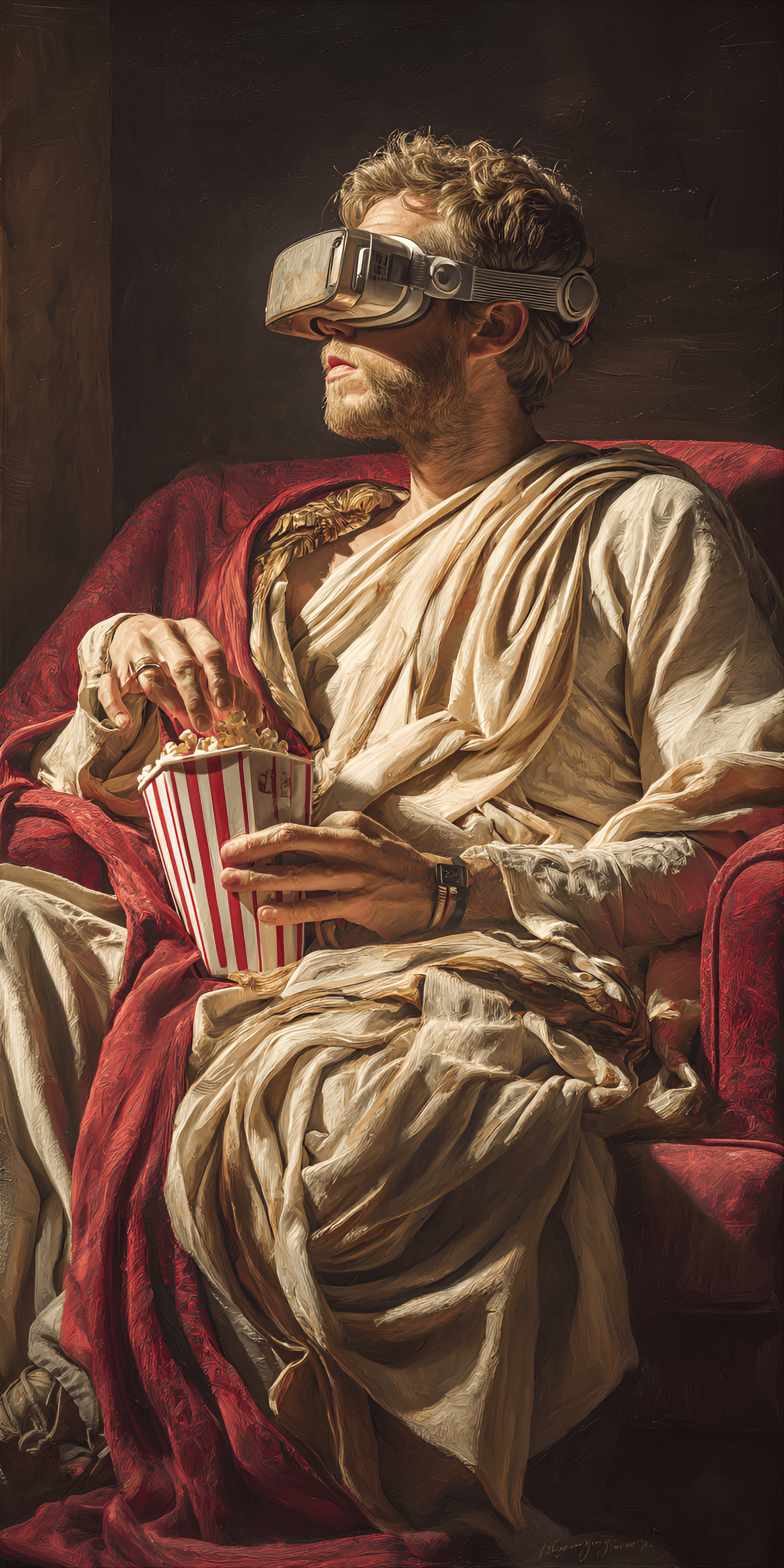 AI generated: Caucasian man, -colored Roman-style toga over a  red cloak/cape, sits in a red velvet movie theater ...