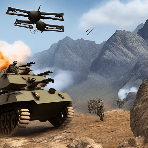 AI generated: moment shooting at the same time, self-propelled artilleries many soldiers in front of gigantic moun...