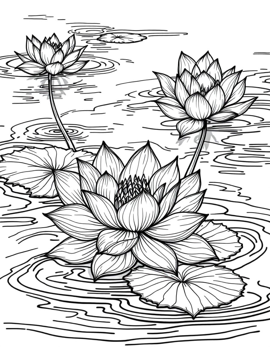 AI generated: "Black and white line drawing {Intricate line art of lotus flowers floating on a calm lake, with det...