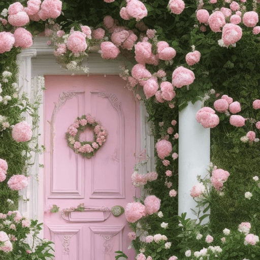 AI generated: --h 2160 --w 3840 a full size ornate pink door in a field of white and pink peonies and roses. Paste...