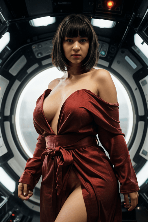 AI generated: woman in spaceship, curvy body, short black hair with bangs, red robe off shoulders fully exposing b...