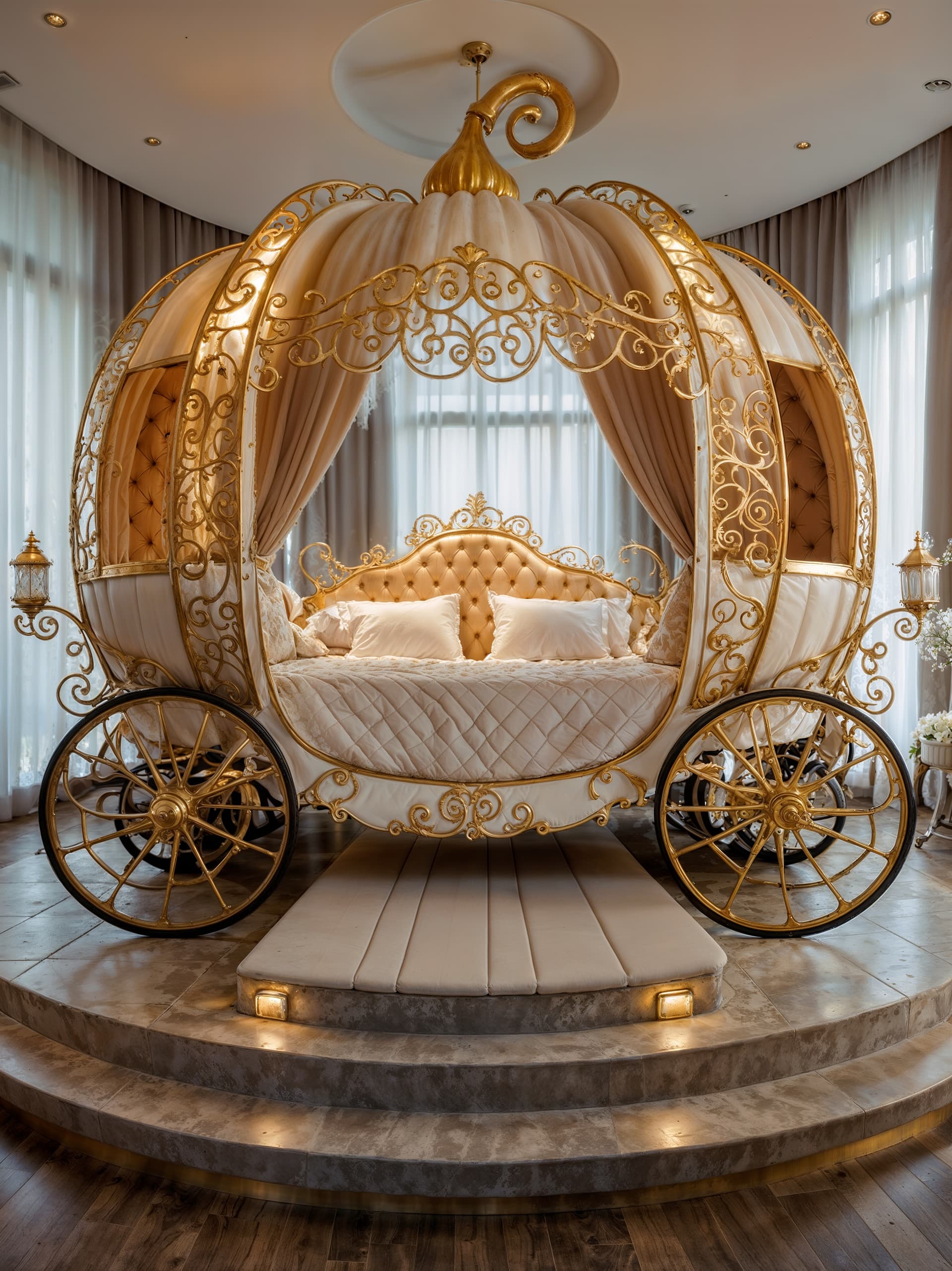 AI generated: An enchanting and opulent bed, designed as a luxurious oversized carriage straight out of a fairytal...