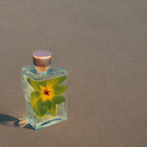 AI generated: perfume bottle on a beach with exotic flowers