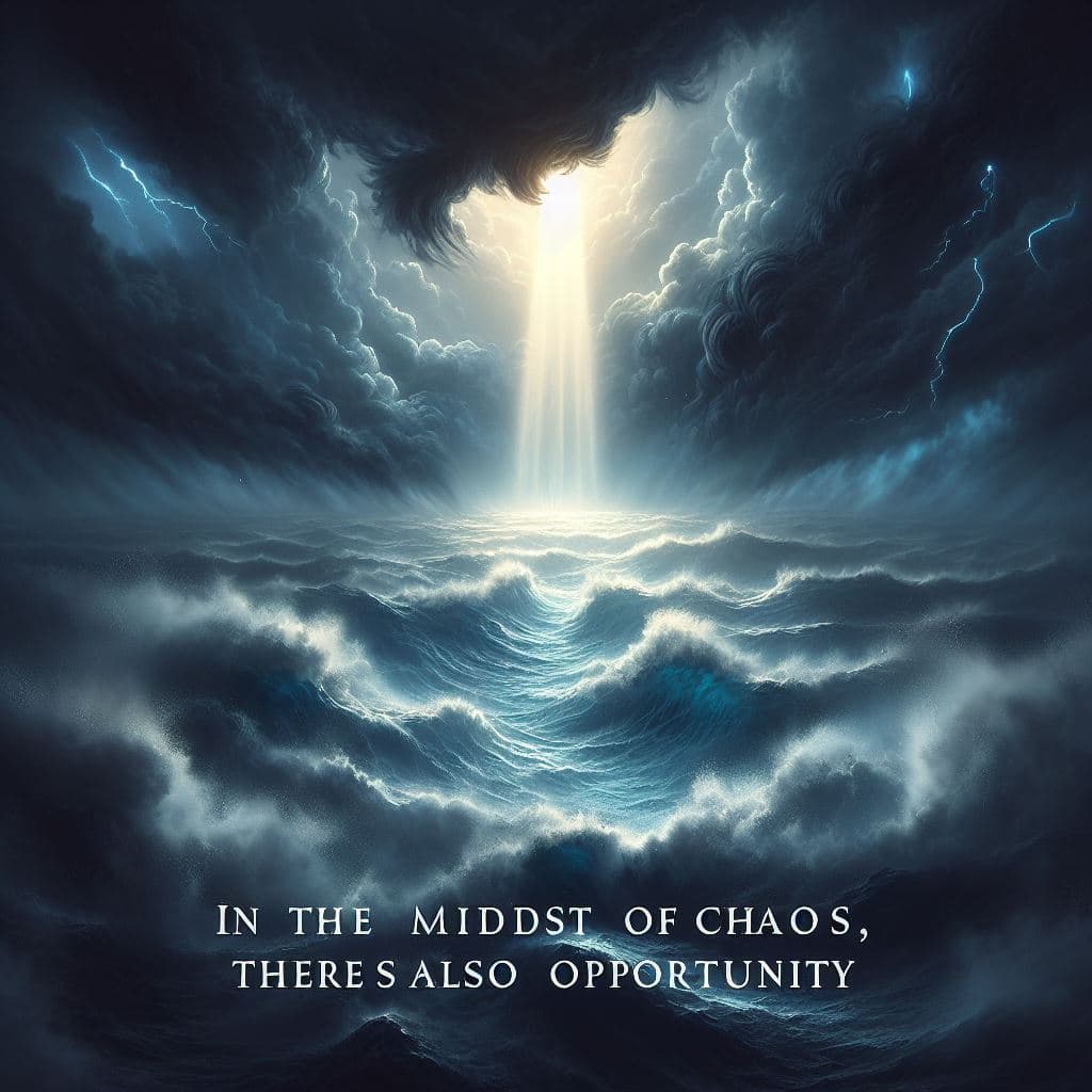 AI generated: texte: "In the midst of chaos, there is also opportunity." Image: A powerful storm brewing over a tu...