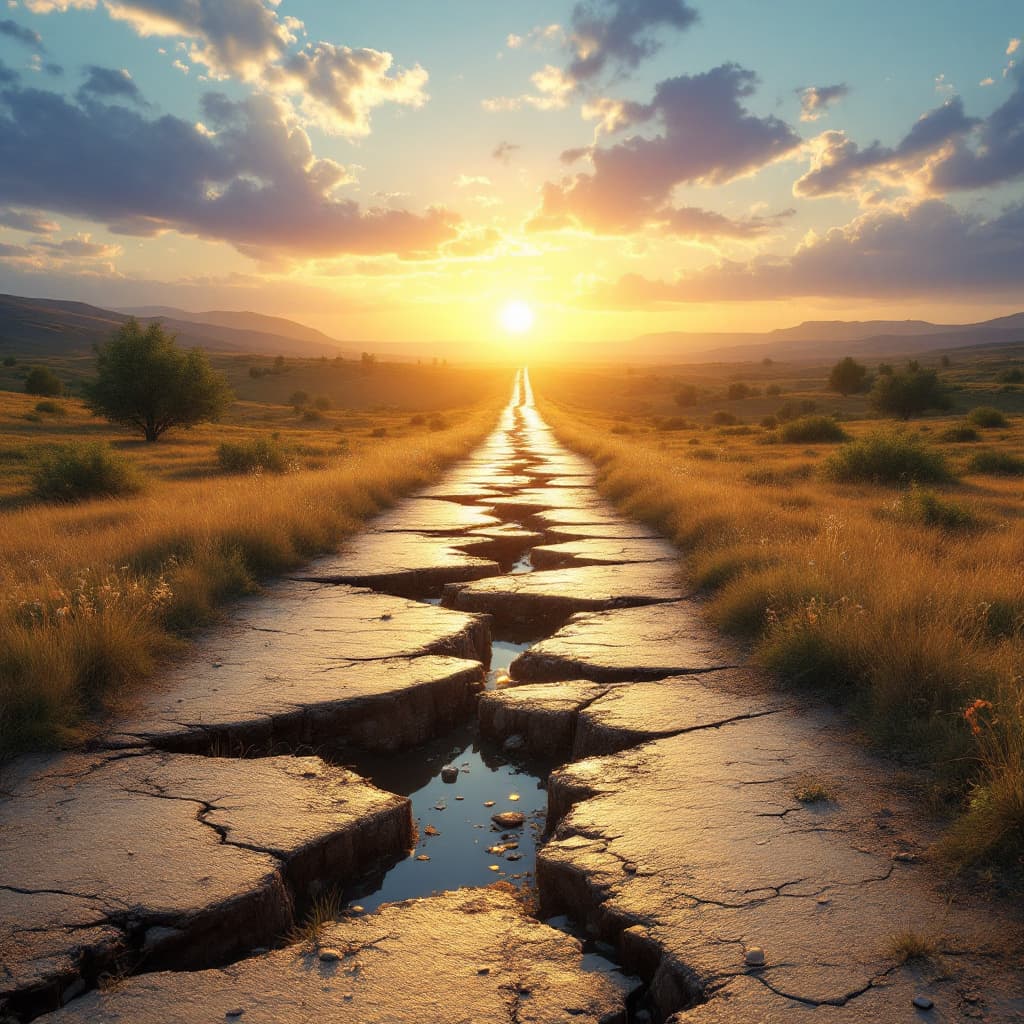 AI generated: A broken road leading to a bright horizon, symbolism of all things working together for good, 3D lan...