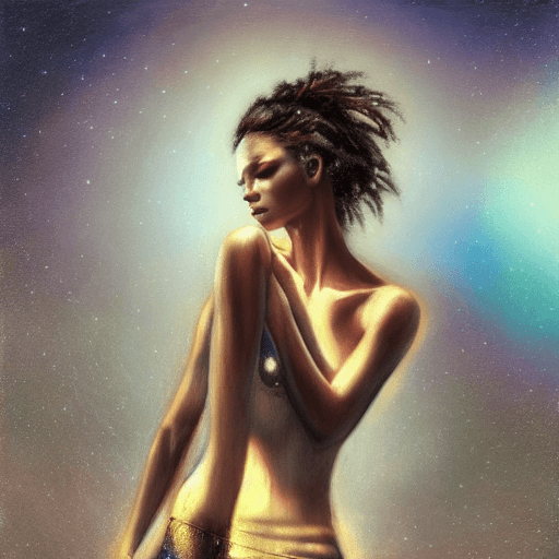 AI generated: dancer with jewelry at night on the beach by the fire in the style of magali villeneuve, eve ventrue...