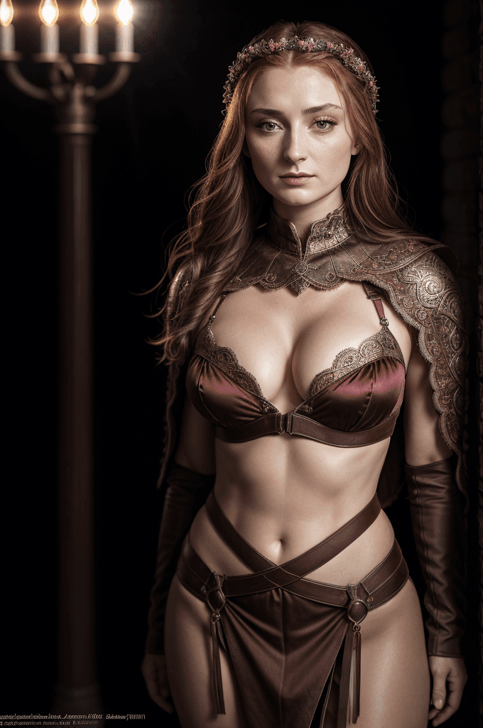 AI generated: Sansa Stark, gladiator dress, full-body shot,Medieval epic battlefield background,erotic warrior cos...