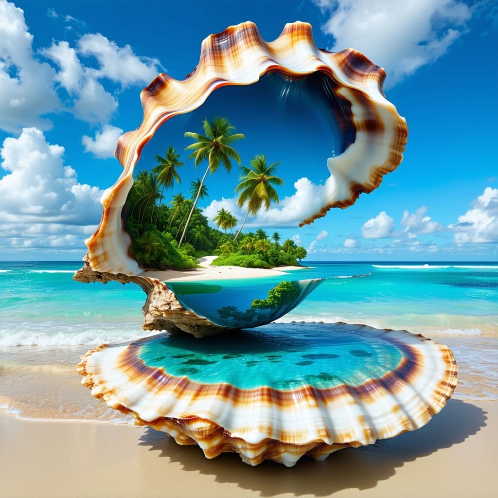 AI generated: the (((planet earth!))) inside a giant clam shell on a beach, palm trees, blue ocean, by Albert Dros...