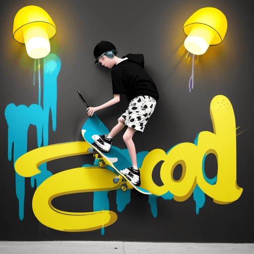 AI generated: Graphic design of a black and white boy writing "Louise" on a colorful wall painted with flying yell...