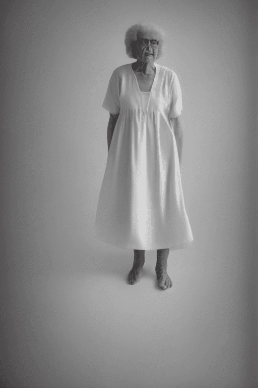 AI generated: photography of a BEAUTYFUL GRANDMA in a dress,  White minimalist room with nothing, high detail <lor...