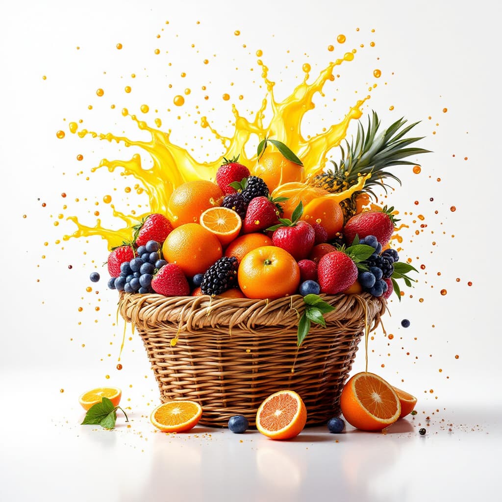 AI generated:  A basket of colorful fruit, with extreme contrast, extreme detail, exploding with oil and orange ju...