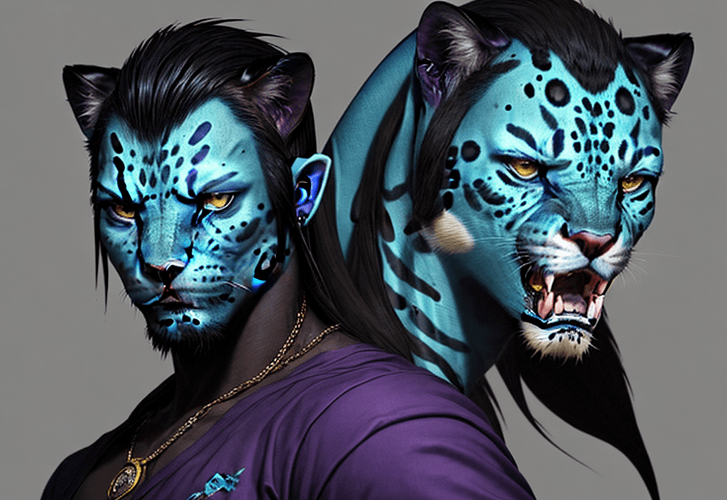 AI generated: Avatar, depredador, jaguar, salvaje, agresivo, negro, morado,