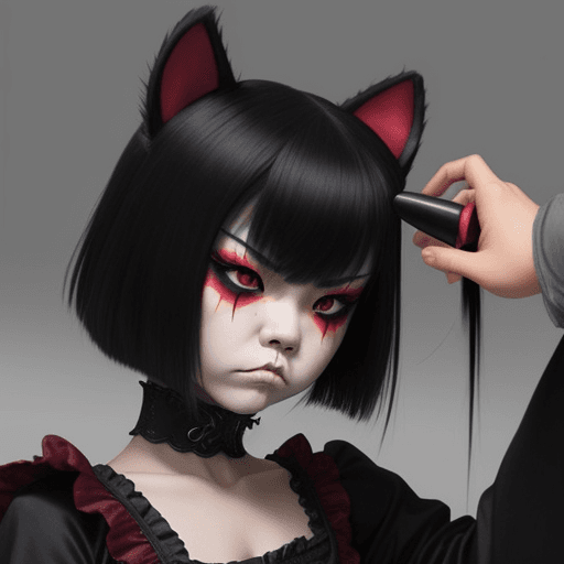 AI generated: Asian Gothic girl with bobbed hair dressed as a dog, makeup and looks furious as someone pats her he...