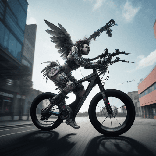 AI generated: HYPER REAKISTIC photography of an NEW TECH DIESEL-PUNK FLYING OVER-BIKE MIDDLE OF MODERN TOWN, MODER...