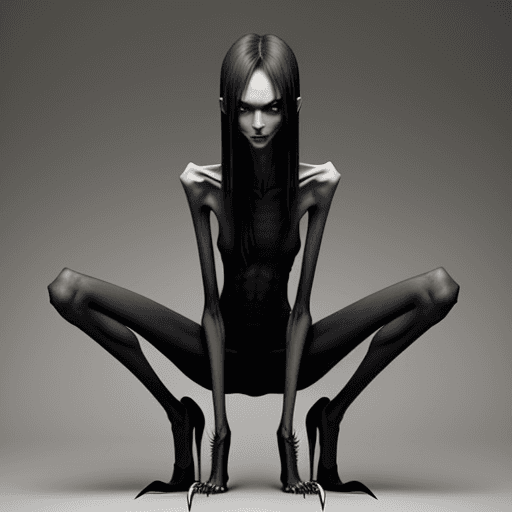 AI generated: very skinny slender girl, with long curved claws, with skinny legs and long skinny calves in high he...