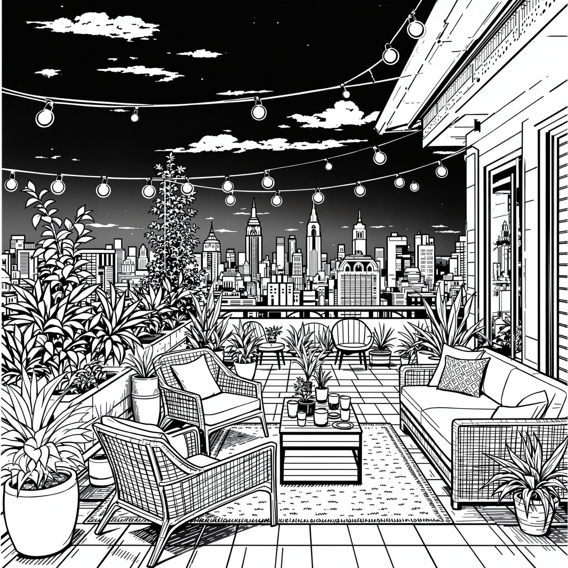 AI generated: High-resolution black-and-white line drawing of a rooftop terrace: Include detailed elements such as...