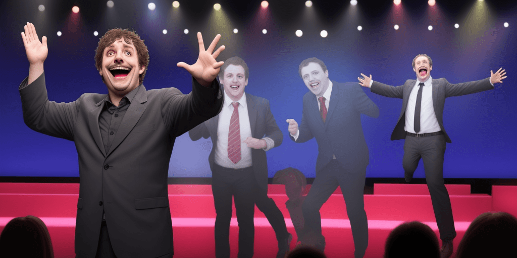 AI generated: A funny man who makes people laugh is on stage