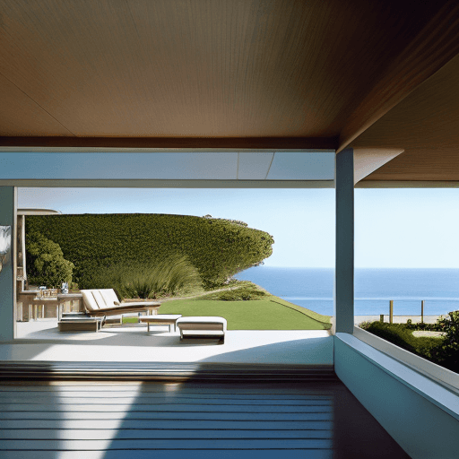 AI generated: Hyper realistic eye level exterior photo of a mid century modern style house overlooking the ocean, ...