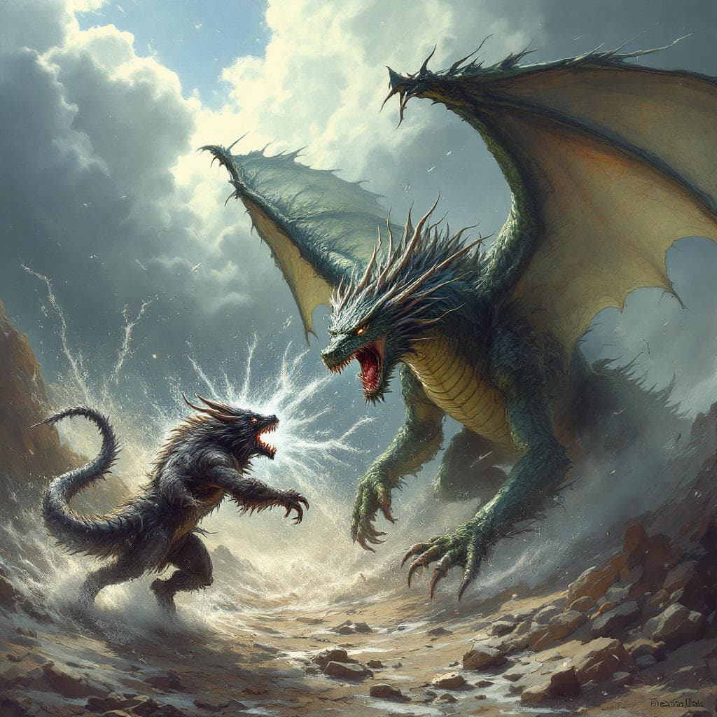 AI generated: A dragon in a fierce battle with a mythical beast, their clash causing a storm in the background.