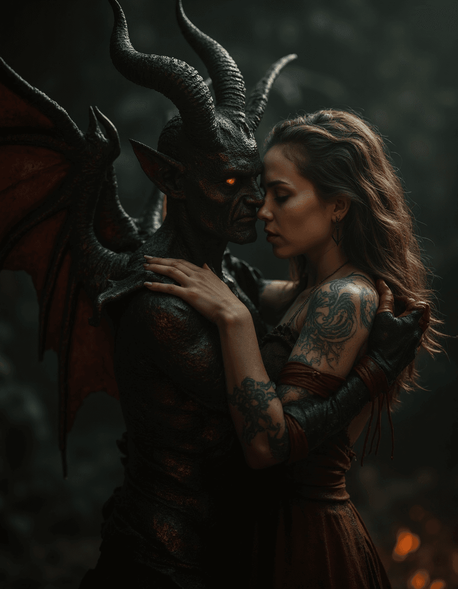 AI generated: (film grain), ultrarealistic 4k, photoart_style, (a demon and an angel hugging), realistic, dark bla...