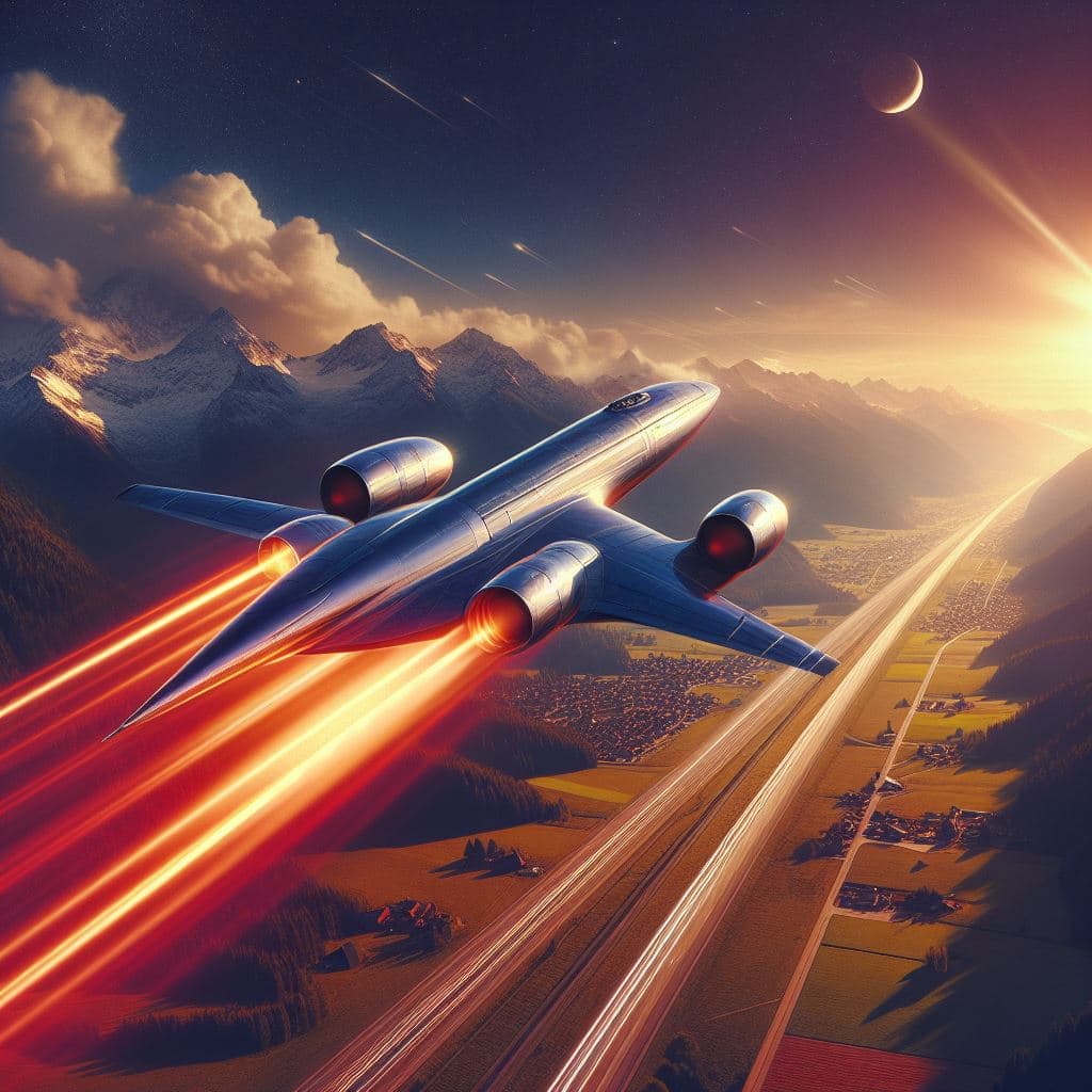 AI generated: Fantasy fantastic hypersonic stratoracer spaceplane in low flight, body symmetry, sci-fi, "red bull"...
