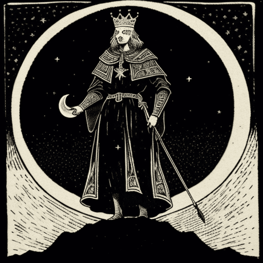 AI generated: A king standing on a hill, stars in sky, moon with face in sky, alchemical art, medieval woodcut art...