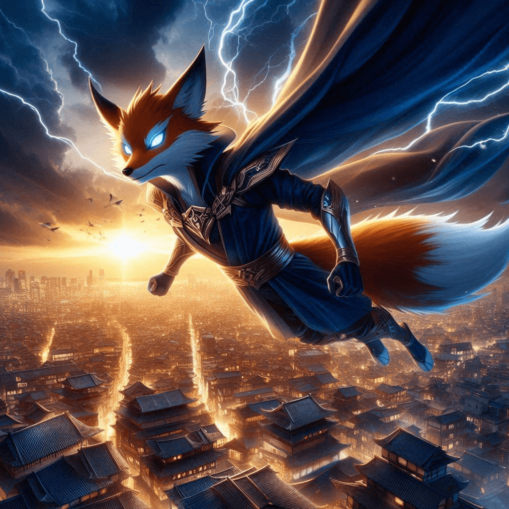 AI generated: Dramatic religious photo of an anime fox superhero flying over a city