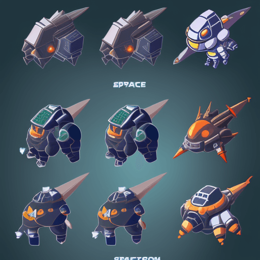AI generated: game sprite sheet spaceships , collection sheet, retro, low poly art, 2d game sprite, asset store 2D...