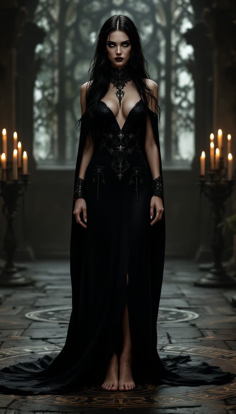 AI generated: "Full-body portrait of Alina Dreymore, a striking and mysterious noblewoman in her early thirties. S...