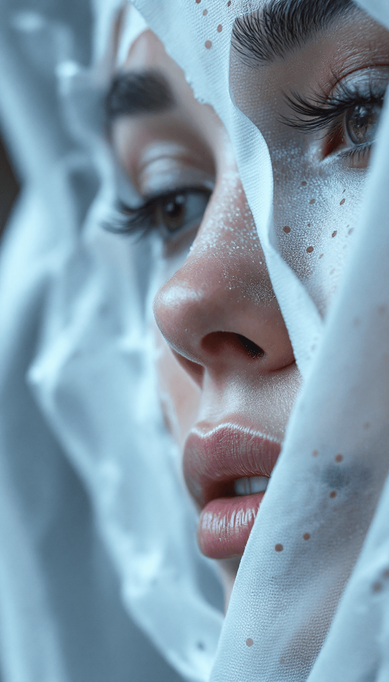 AI generated: close up macro shot, perforated holes in face, white cloth made from fiberoptic cables, depth of fie...