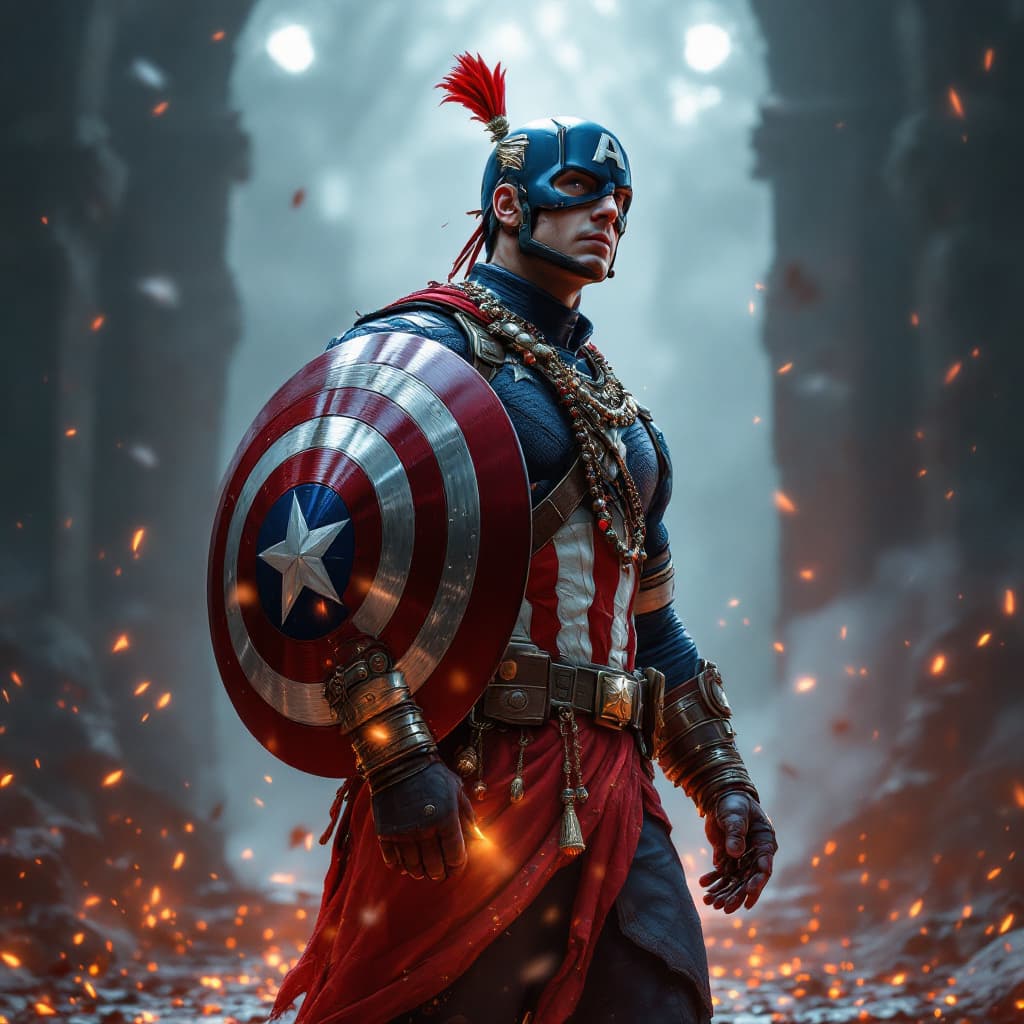 AI generated: Create a image of Captain America in Indian atire and standing in the Indian puja. Make it high qual...