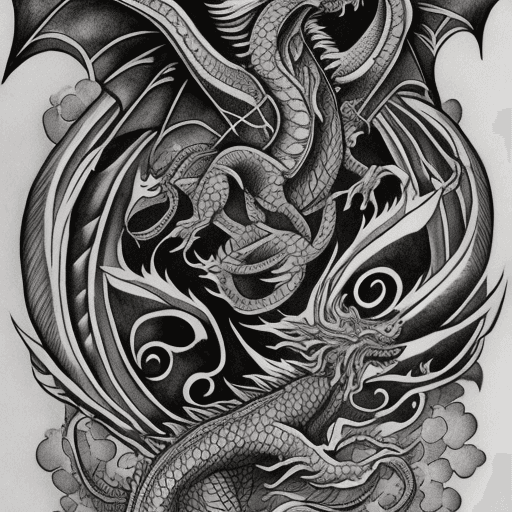 AI generated: A blackwork style tattoo design, a complete dragon flying
