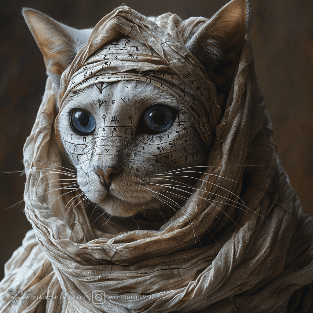 AI generated: an anthropomorphic cute cat, blue eyes, covered in ancient ((Hebrew letters on cat face)), wearing w...