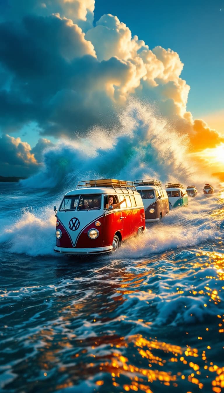 AI generated:  A high contrast art photo , portrait view, of 4 Classic Vw buses of blue and white, red and white, ...