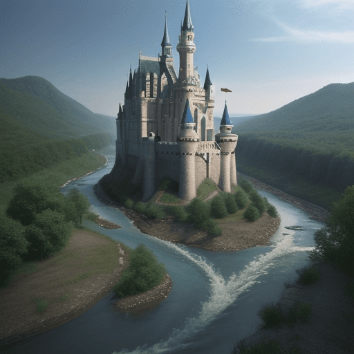 AI generated: realistic picture of a river with a small castle under the water