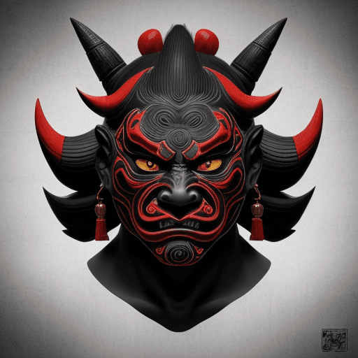 AI generated: Create a striking portrait of an oni mask in the traditional Japanese style, capturing its menacing ...