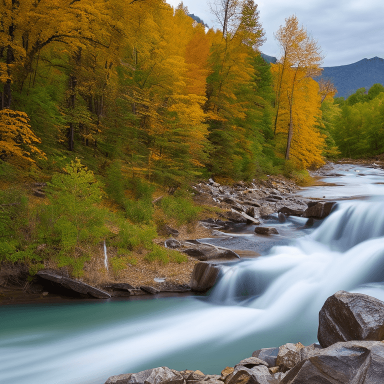 AI generated: photorealistic oil on canvas, 
small hills, flowing river, trees,
beautiful setting, fall,
Foregroun...