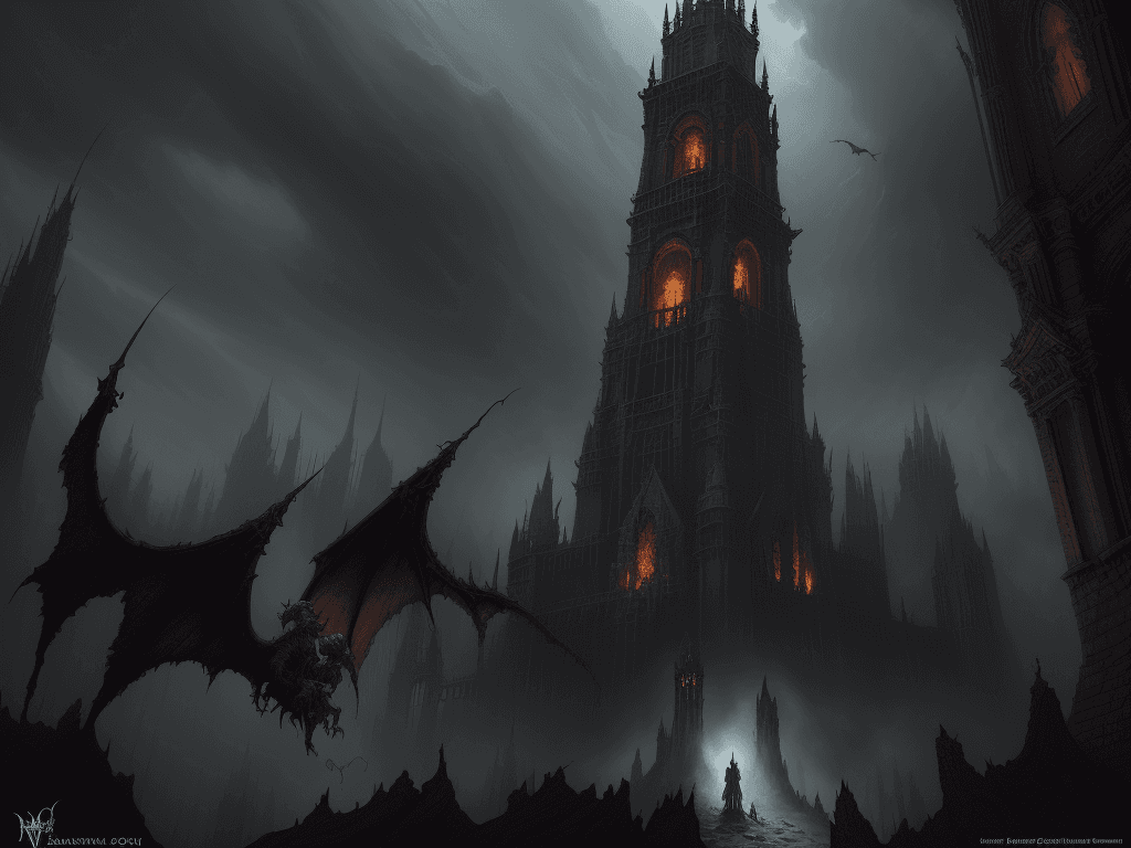 AI generated: Fantastic angle view of a Gothic Hellgate Tower, dim, hell, underworld masterpiece, shadows, expert,...
